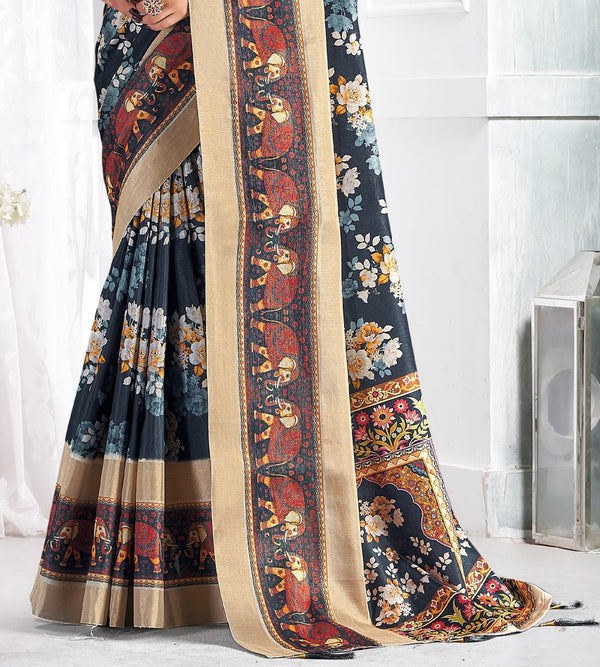 Stylum Women's Navy Floral Printed Giza silk Bantac Digital Border Saree (SRDIYANAVY)