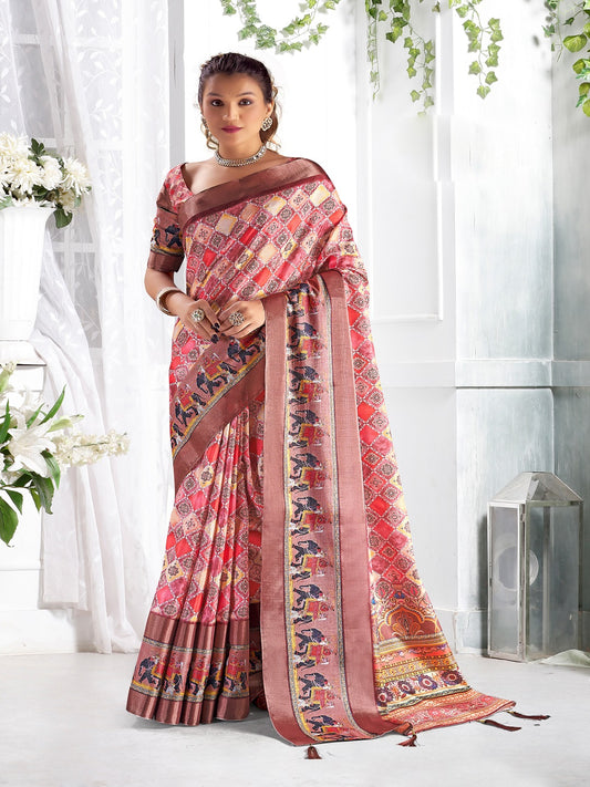 Stylum Women's Peach Floral Printed Giza silk Bantac Digital Border Saree (SRDIYAPEACH)