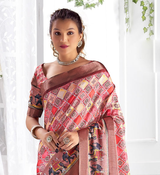 Stylum Women's Peach Floral Printed Giza silk Bantac Digital Border Saree (SRDIYAPEACH)