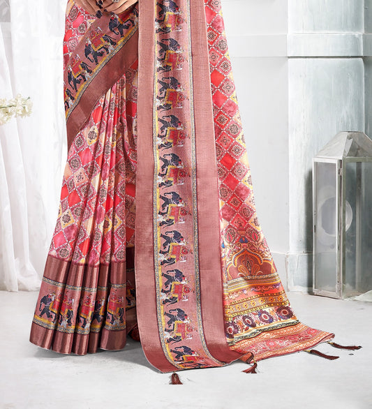 Stylum Women's Peach Floral Printed Giza silk Bantac Digital Border Saree (SRDIYAPEACH)