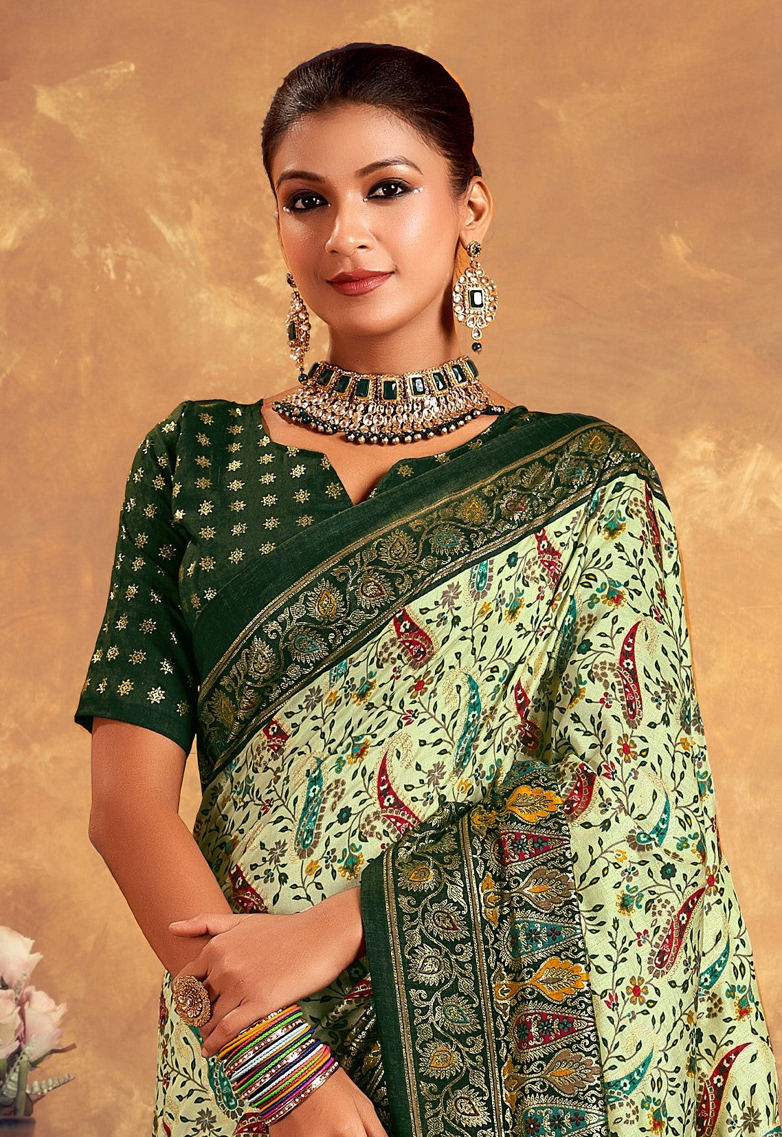 Stylum Women's Green Paisley Printed Zari Border Dola Silk Saree (SREKTARAGREEN)