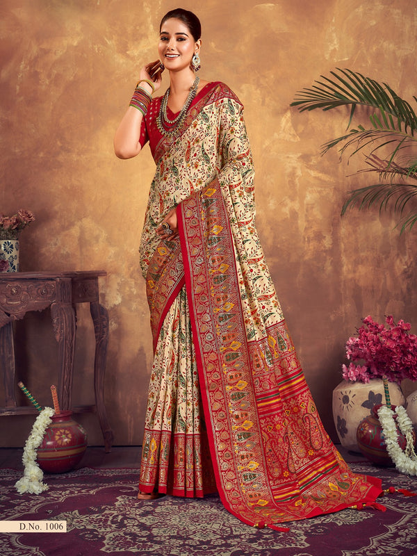 Stylum Women's Red Paisley Printed Zari Border Dola Silk Saree (SREKTARARED)