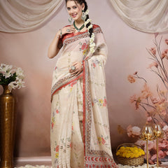 Stylum Women's Off White Floral Foil Printed Cotton Blend Saree (SRFOLESTOFFWHITE)
