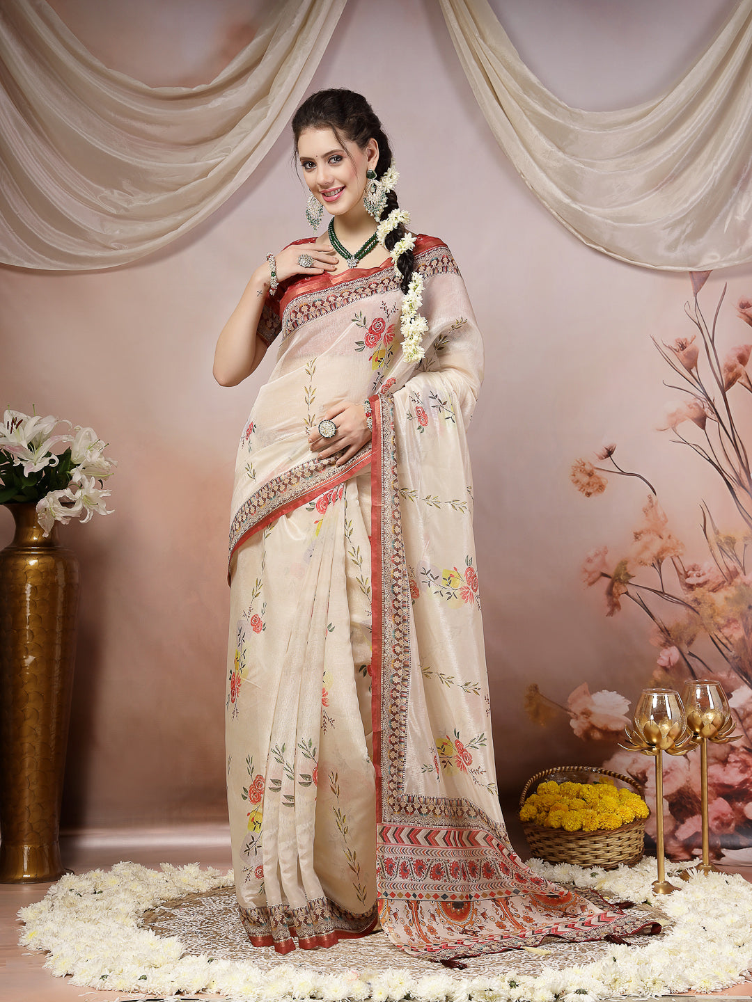 Stylum Women's Off White Floral Foil Printed Cotton Blend Saree (SRFOLESTOFFWHITE)