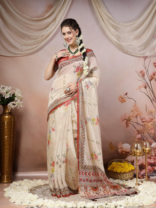 Stylum Women's Off White Floral Foil Printed Cotton Blend Saree (SRFOLESTOFFWHITE)