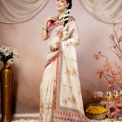 Stylum Women's Off White Floral Foil Printed Cotton Blend Saree (SRFOLESTOFFWHITE)