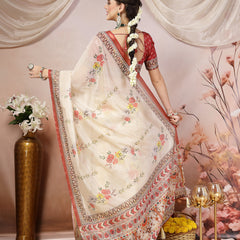 Stylum Women's Off White Floral Foil Printed Cotton Blend Saree (SRFOLESTOFFWHITE)