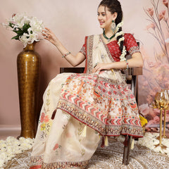 Stylum Women's Off White Floral Foil Printed Cotton Blend Saree (SRFOLESTOFFWHITE)