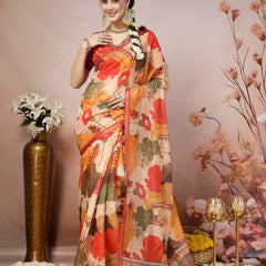 Stylum Women's Orange Floral Foil Printed Cotton Blend Saree (SRFOLESTORANGE)
