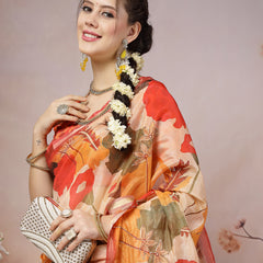 Stylum Women's Orange Floral Foil Printed Cotton Blend Saree (SRFOLESTORANGE)
