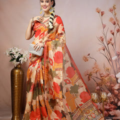 Stylum Women's Orange Floral Foil Printed Cotton Blend Saree (SRFOLESTORANGE)
