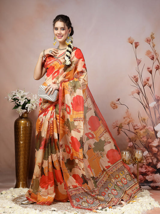 Stylum Women's Orange Floral Foil Printed Cotton Blend Saree (SRFOLESTORANGE)