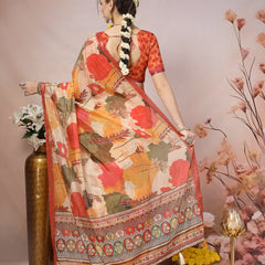 Stylum Women's Orange Floral Foil Printed Cotton Blend Saree (SRFOLESTORANGE)