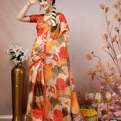 Stylum Women's Orange Floral Foil Printed Cotton Blend Saree (SRFOLESTORANGE)