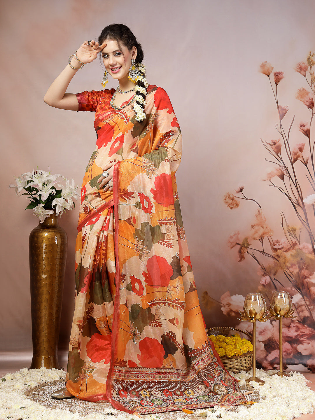 Stylum Women's Orange Floral Foil Printed Cotton Blend Saree (SRFOLESTORANGE)