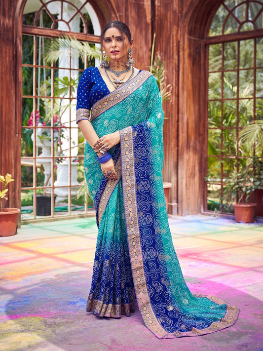 Stylum Women's Blue Bhandej Foil Print Georgette Saree (SRGHOOMARBLUE)