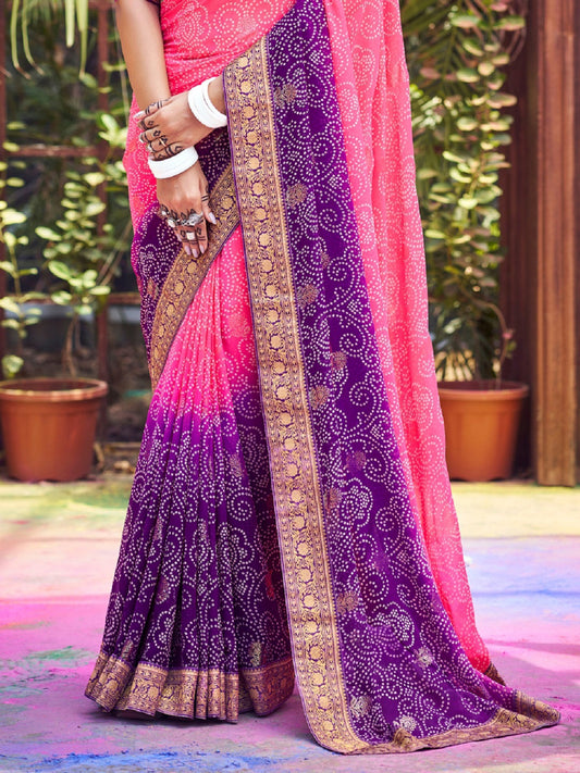 Stylum Women's Purple Bhandej Foil Print Georgette Saree (SRGHOOMARVOIL)