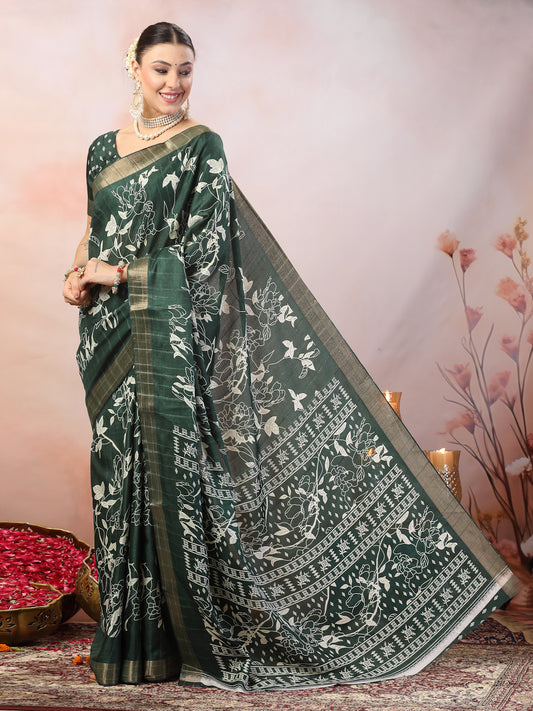 Stylum Women's Green Paisley Print Lining Textured Dola Silk Saree (SRGREENJACKY)