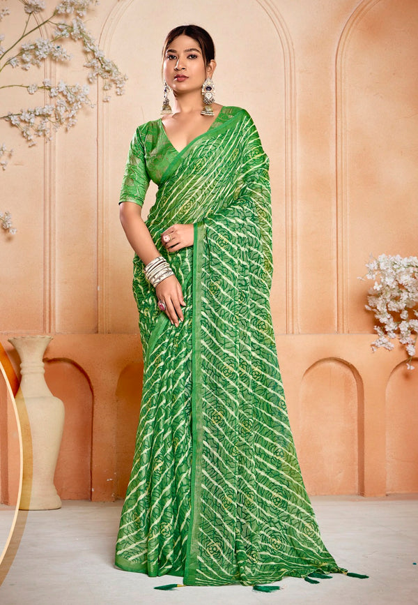 Stylum Women's Green Leheriya Printed Silk Blend Saree With Unstitched Blouse Piece (SRGREENNAIRITI)