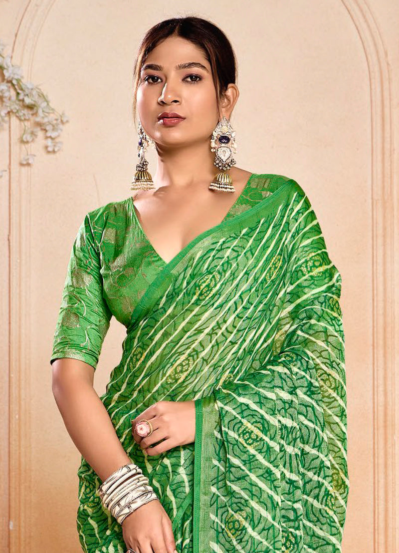 Stylum Women's Green Leheriya Printed Silk Blend Saree With Unstitched Blouse Piece (SRGREENNAIRITI)