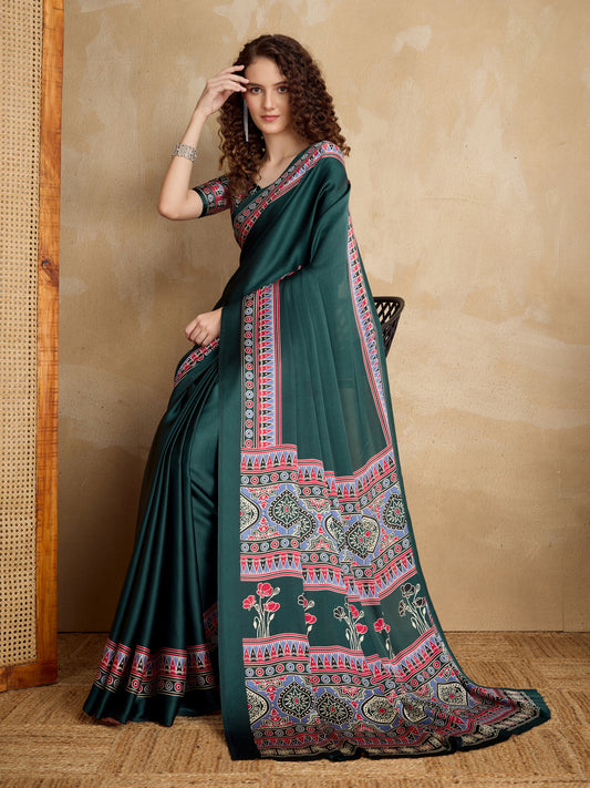 Stylum Women's Green Ajrakh Printed Silk Blend Saree With Unstitched Blouser Piece (SRGREENSUHANI)