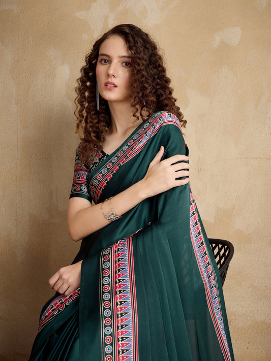 Stylum Women's Green Ajrakh Printed Silk Blend Saree With Unstitched Blouser Piece (SRGREENSUHANI)