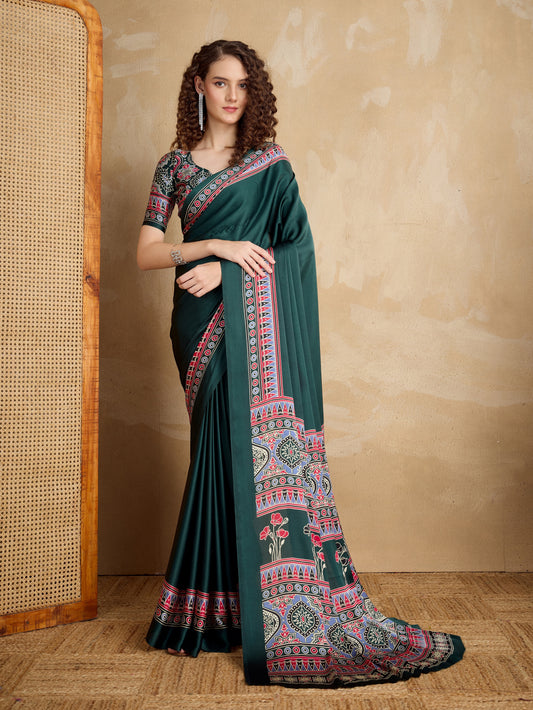 Stylum Women's Green Ajrakh Printed Silk Blend Saree With Unstitched Blouser Piece (SRGREENSUHANI)