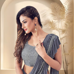 Stylum Women's Grey Sequinned & Ruffled Party Wear Ready To Wear Lycra Saree (SRGREYBIRA)