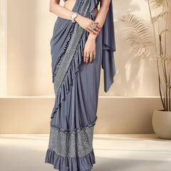 Stylum Women's Grey Sequinned & Ruffled Party Wear Ready To Wear Lycra Saree (SRGREYBIRA)
