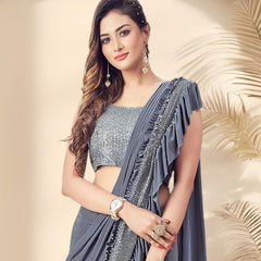 Stylum Women's Grey Sequinned & Ruffled Party Wear Ready To Wear Lycra Saree (SRGREYBIRA)