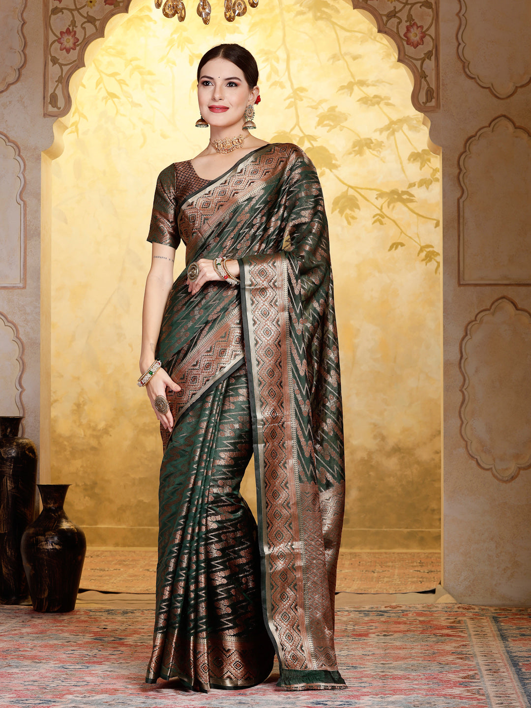 Stylum Women's Mehandi Green Geometric Print Woven Zari Border Organza Saree (SRJHALAKMEHANDI)