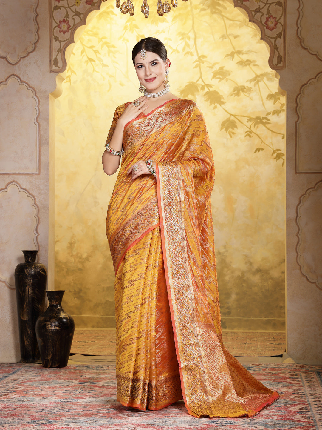 Stylum Women's Mustard Geometric Print Woven Zari Border Organza Saree (SRJHALAKMUSTARD)