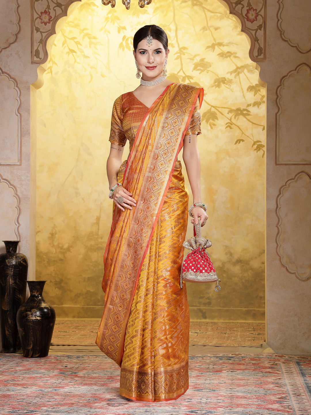 Stylum Women's Mustard Geometric Print Woven Zari Border Organza Saree (SRJHALAKMUSTARD)