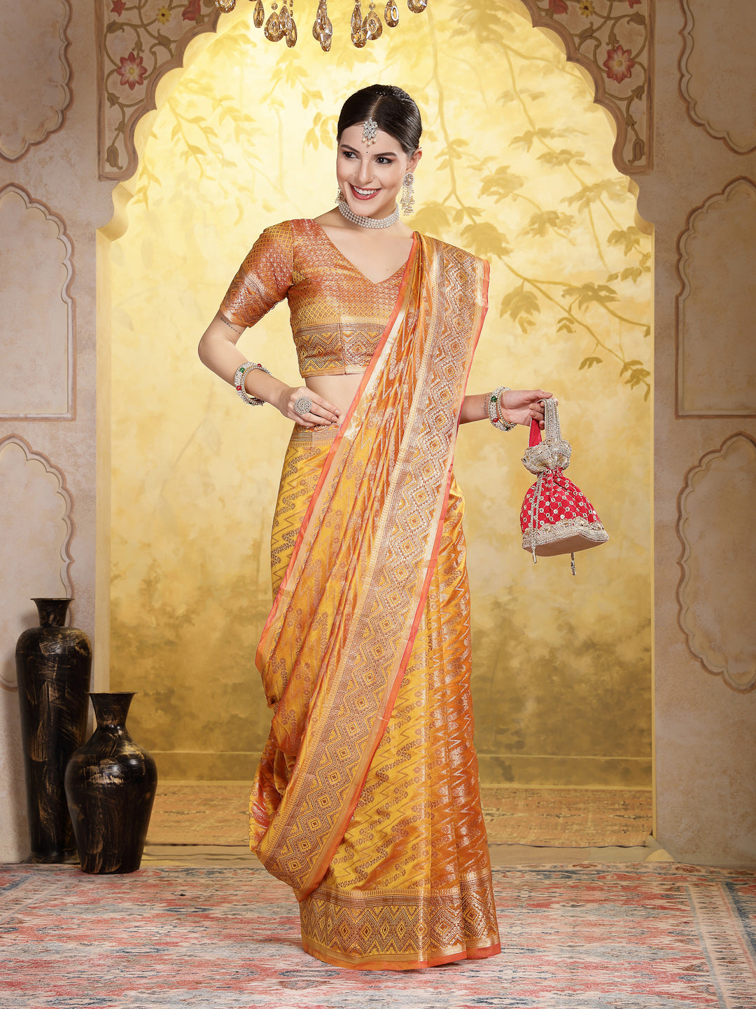 Stylum Women's Mustard Geometric Print Woven Zari Border Organza Saree (SRJHALAKMUSTARD)