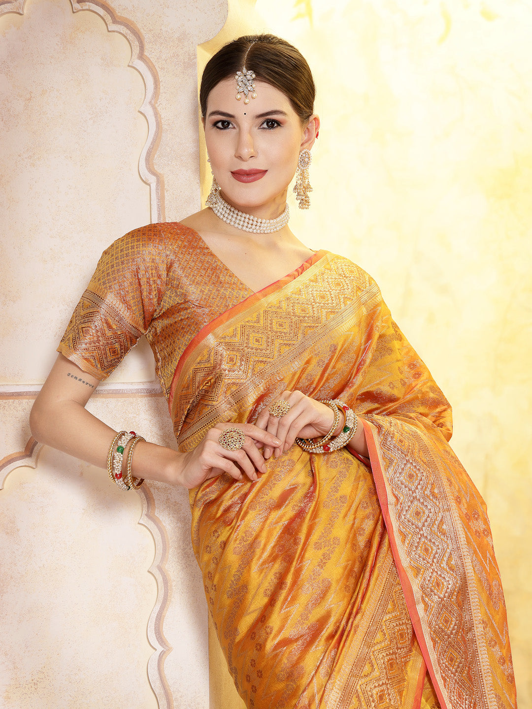 Stylum Women's Mustard Geometric Print Woven Zari Border Organza Saree (SRJHALAKMUSTARD)