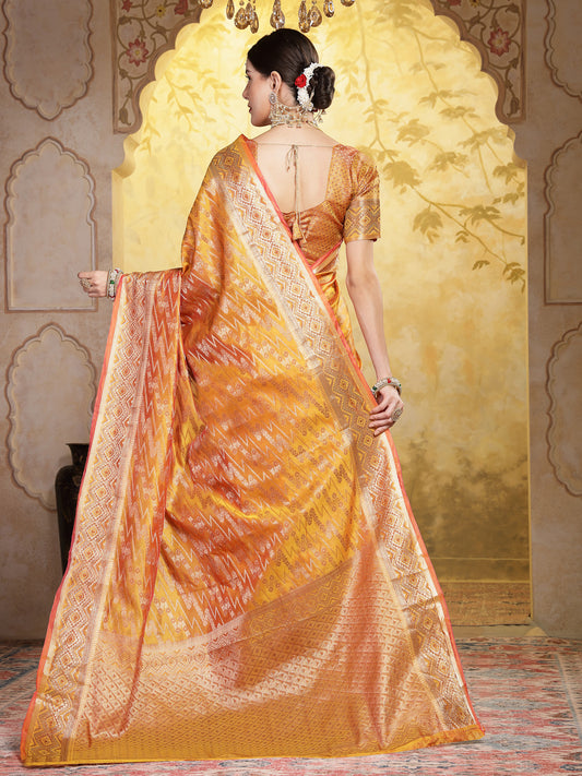 Stylum Women's Mustard Geometric Print Woven Zari Border Organza Saree (SRJHALAKMUSTARD)