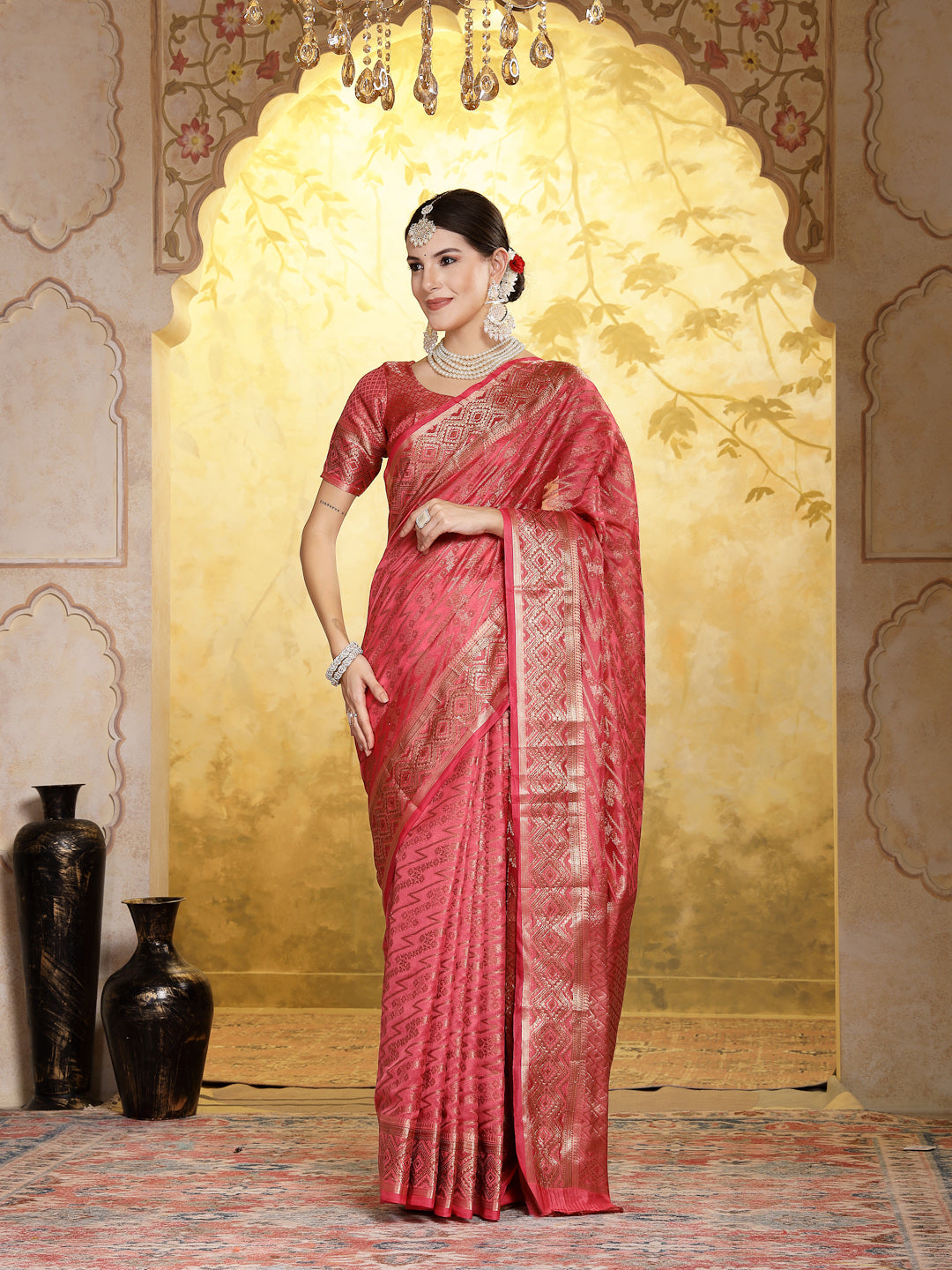 Stylum Women's Pink Geometric Print Woven Zari Border Organza Saree (SRJHALAKPINK)