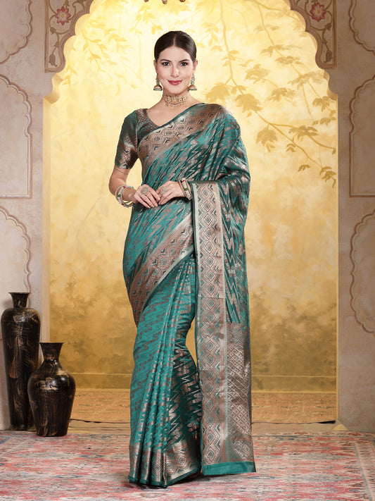 Stylum Women's Sea Green Geometric Print Woven Zari Border Organza Saree (SRJHALAKSEAGREEN)