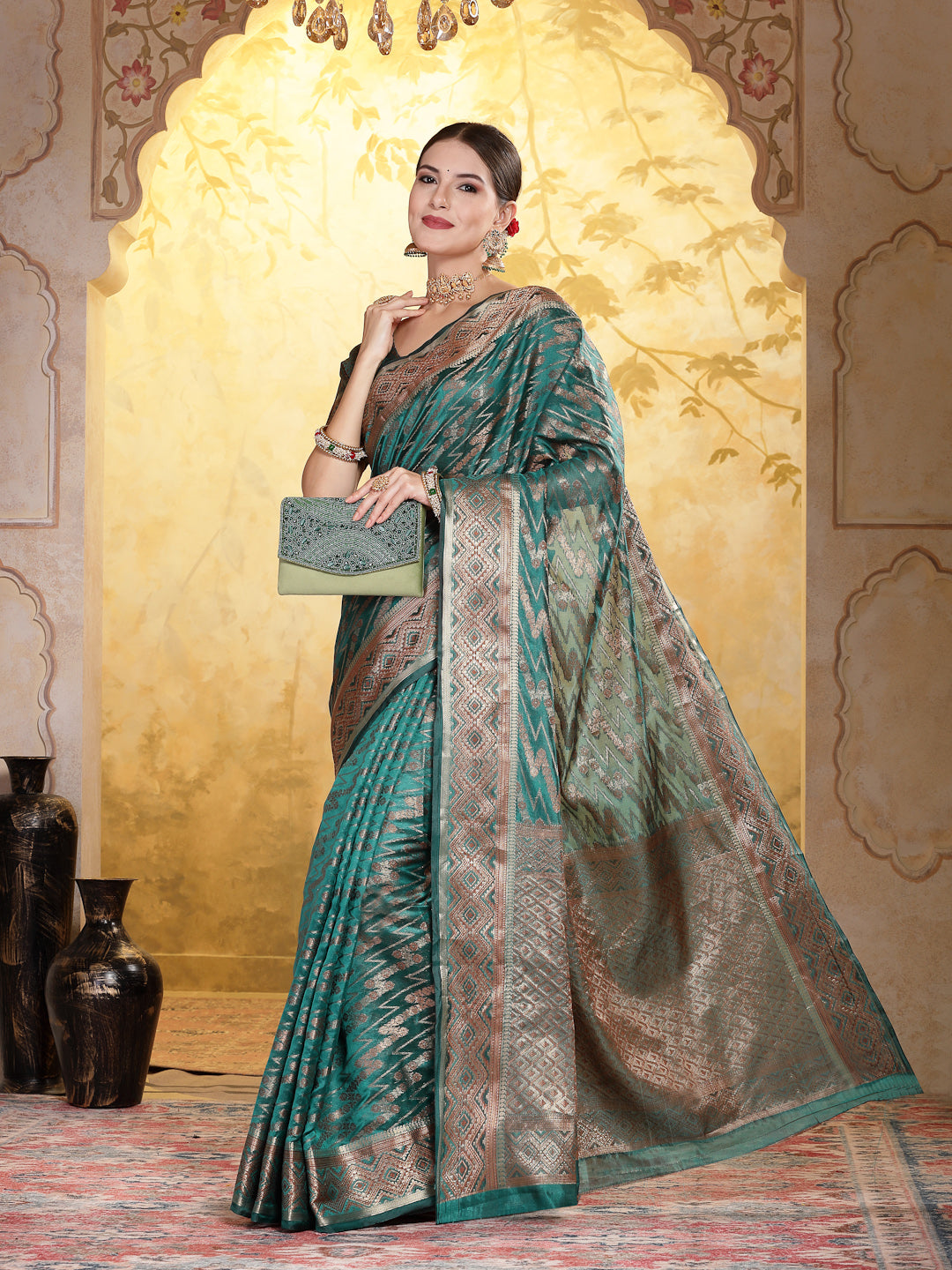 Stylum Women's Sea Green Geometric Print Woven Zari Border Organza Saree (SRJHALAKSEAGREEN)