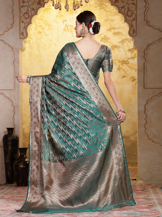 Stylum Women's Sea Green Geometric Print Woven Zari Border Organza Saree (SRJHALAKSEAGREEN)