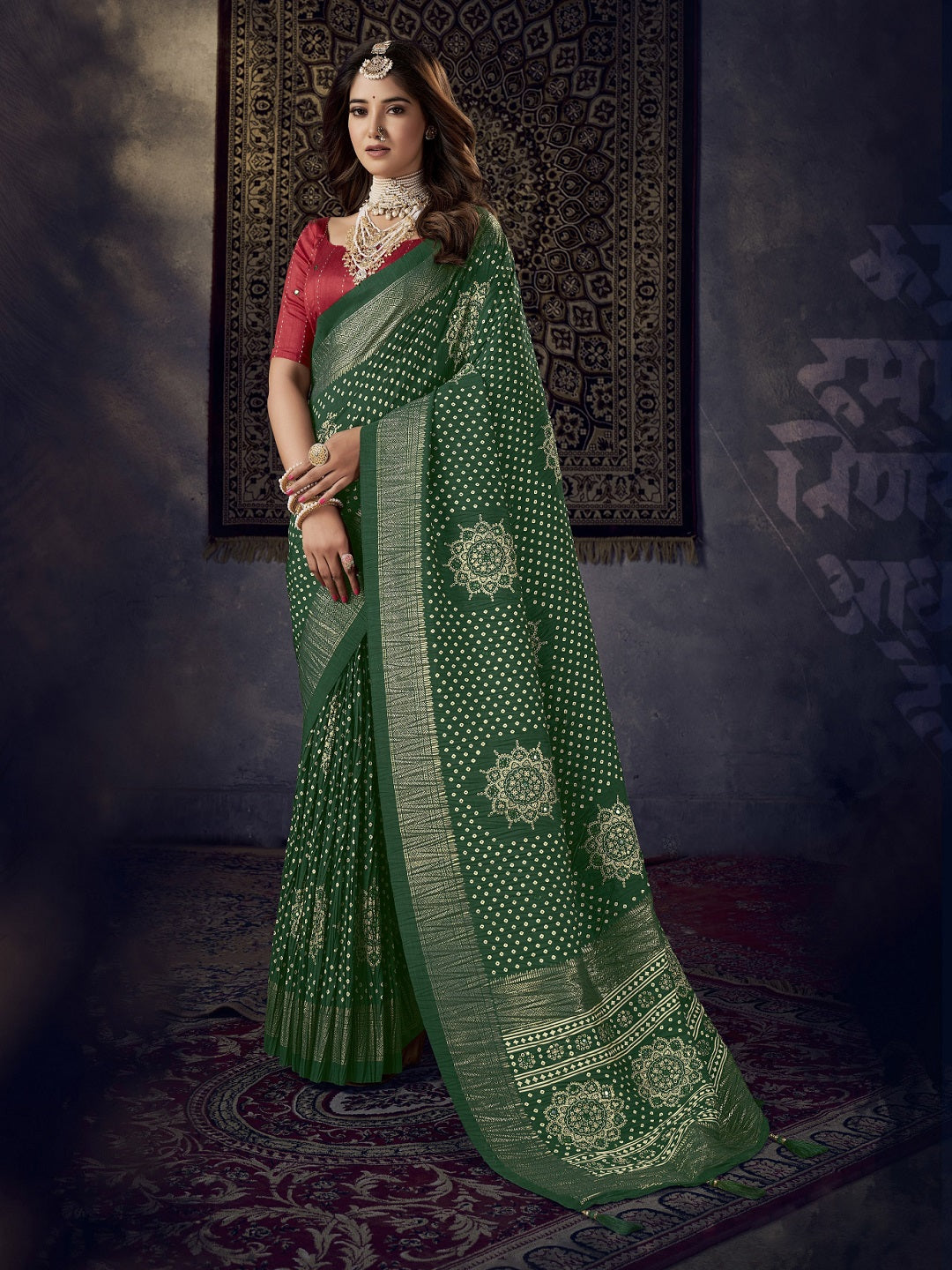 Stylum Women's Green Bhandej Aari Work Crushed Silk Saree (SRKRISHGREEN)