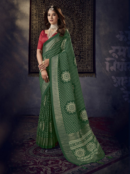 Stylum Women's Green Bhandej Aari Work Crushed Silk Saree (SRKRISHGREEN)