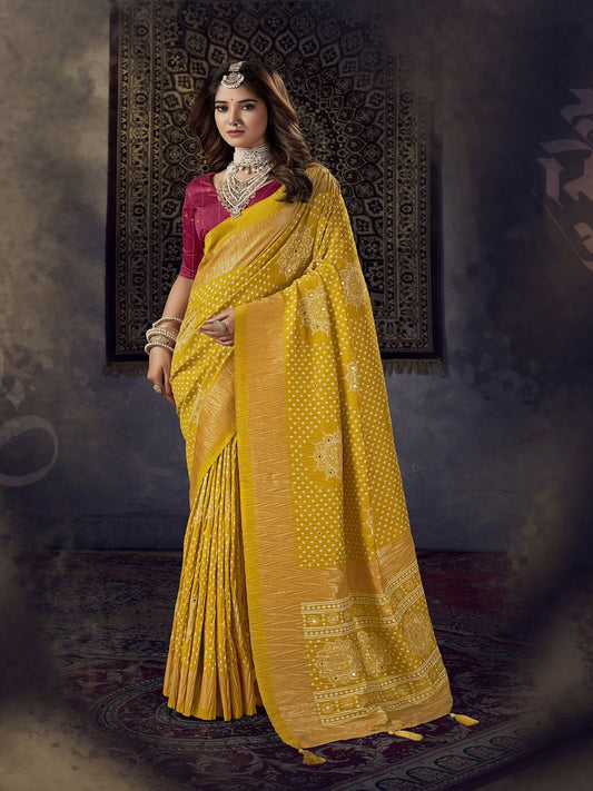 Stylum Women's Mustard Bhandej Aari Work Crushed Silk Saree (SRKRISHMUSTARD)