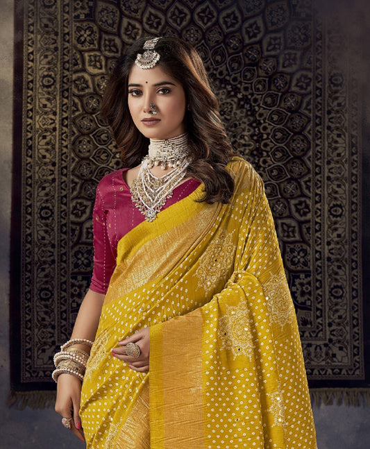 Stylum Women's Mustard Bhandej Aari Work Crushed Silk Saree (SRKRISHMUSTARD)