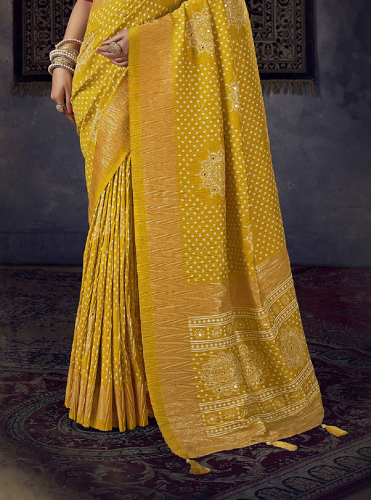 Stylum Women's Mustard Bhandej Aari Work Crushed Silk Saree (SRKRISHMUSTARD)