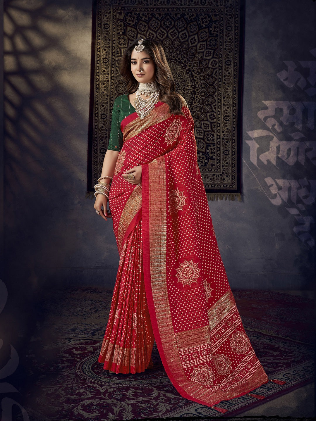 Stylum Women's Red Bhandej Aari Work Crushed Silk Saree (SRKRISHRED)