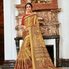 Stylum Women's Mustard Traditional Folklore Printed Khadi Silk Saree (SRMADUBANIMSTRD)