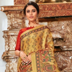 Stylum Women's Mustard Traditional Folklore Printed Khadi Silk Saree (SRMADUBANIMSTRD)