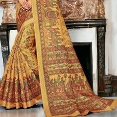 Stylum Women's Mustard Traditional Folklore Printed Khadi Silk Saree (SRMADUBANIMSTRD)