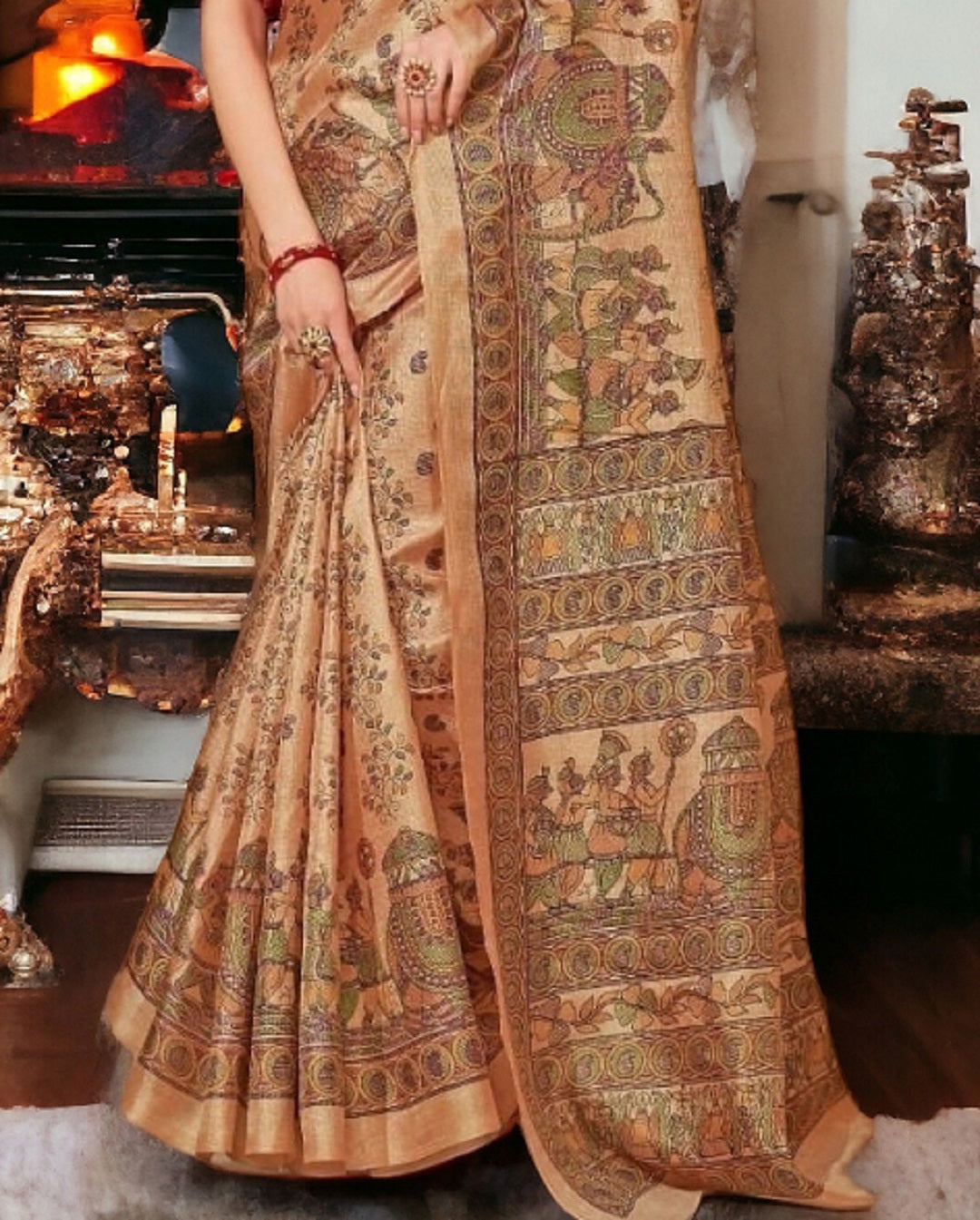 Stylum Women's Peach Traditional Folklore Printed Khadi Silk Saree (SRMADUBANIPEACH)